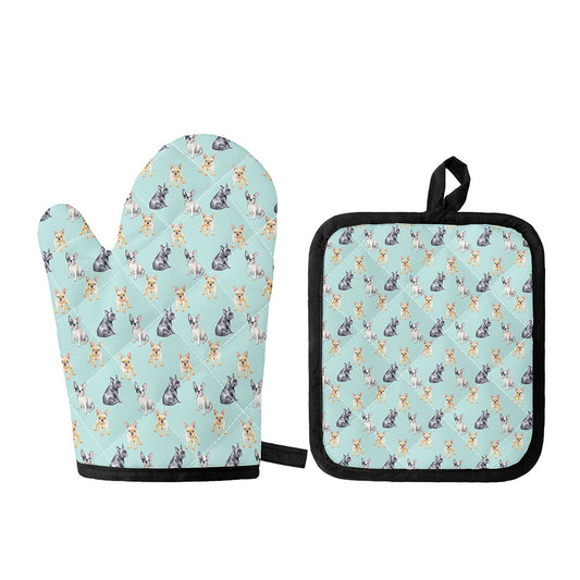 Watercolor French Bulldog Pattern Print Oven Mitt And Pot Holder Set