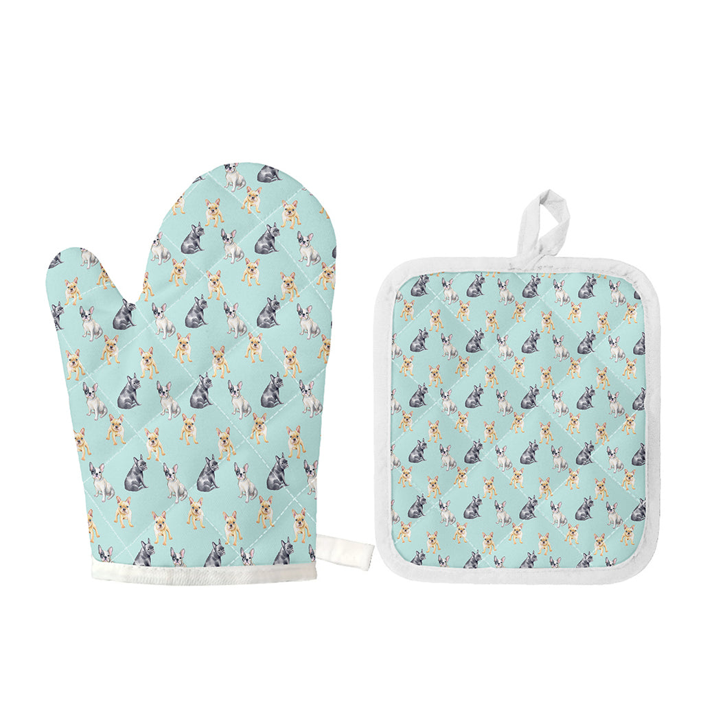 Watercolor French Bulldog Pattern Print Oven Mitt And Pot Holder Set