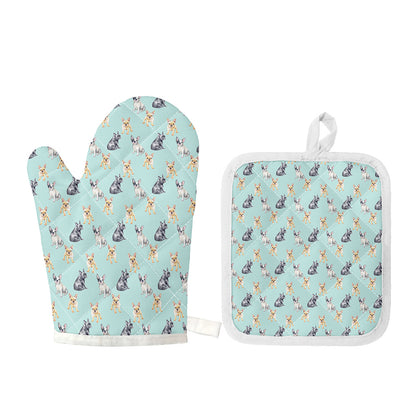 Watercolor French Bulldog Pattern Print Oven Mitt And Pot Holder Set