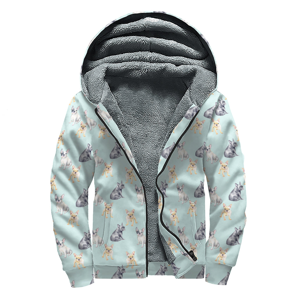 Watercolor French Bulldog Pattern Print Sherpa Lined Zip Up Hoodie