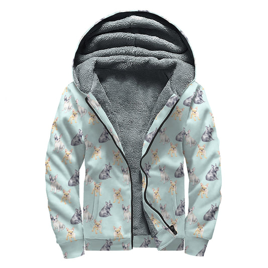 Watercolor French Bulldog Pattern Print Sherpa Lined Zip Up Hoodie