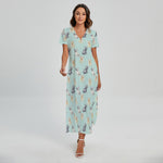 Watercolor French Bulldog Pattern Print Short Sleeve Maxi Dress