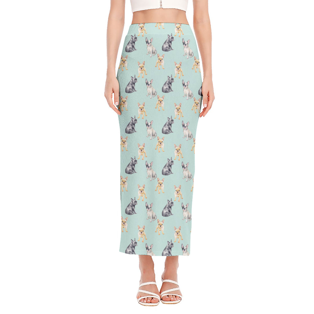 Watercolor French Bulldog Pattern Print Side Slit Maxi Skirt