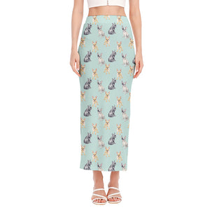 Watercolor French Bulldog Pattern Print Side Slit Maxi Skirt