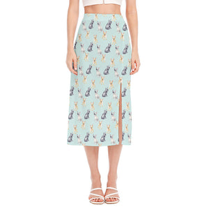 Watercolor French Bulldog Pattern Print Side Slit Midi Skirt