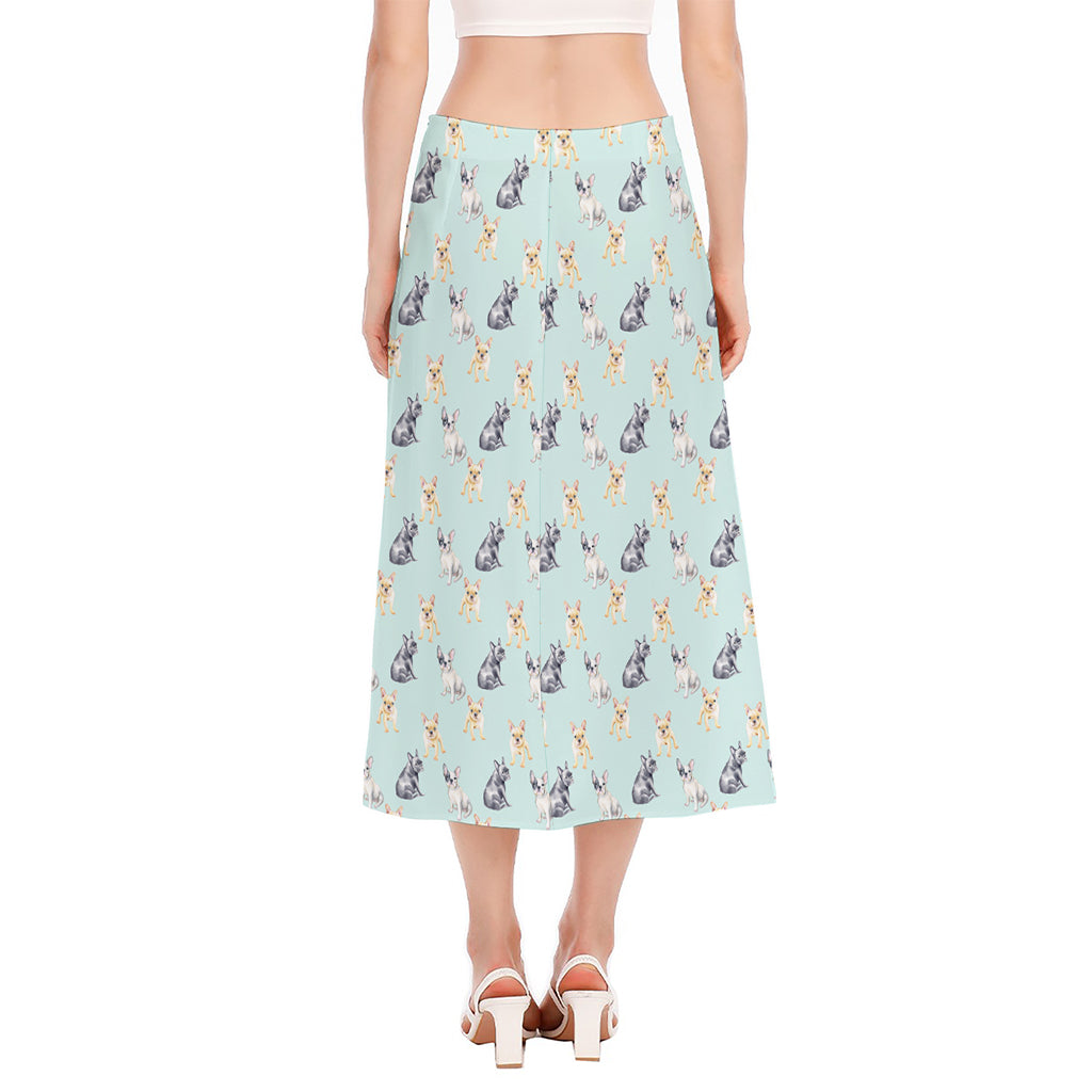 Watercolor French Bulldog Pattern Print Side Slit Midi Skirt