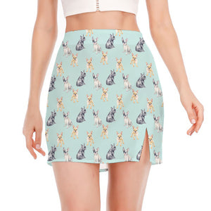 Watercolor French Bulldog Pattern Print Side Slit Mini Skirt