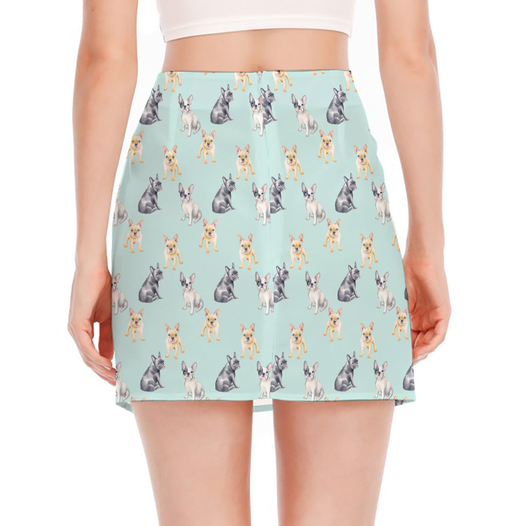 Watercolor French Bulldog Pattern Print Side Slit Mini Skirt