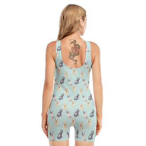 Watercolor French Bulldog Pattern Print Sleeveless One Piece Swimsuit