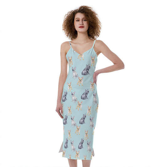 Watercolor French Bulldog Pattern Print Slim Fit Midi Cami Dress