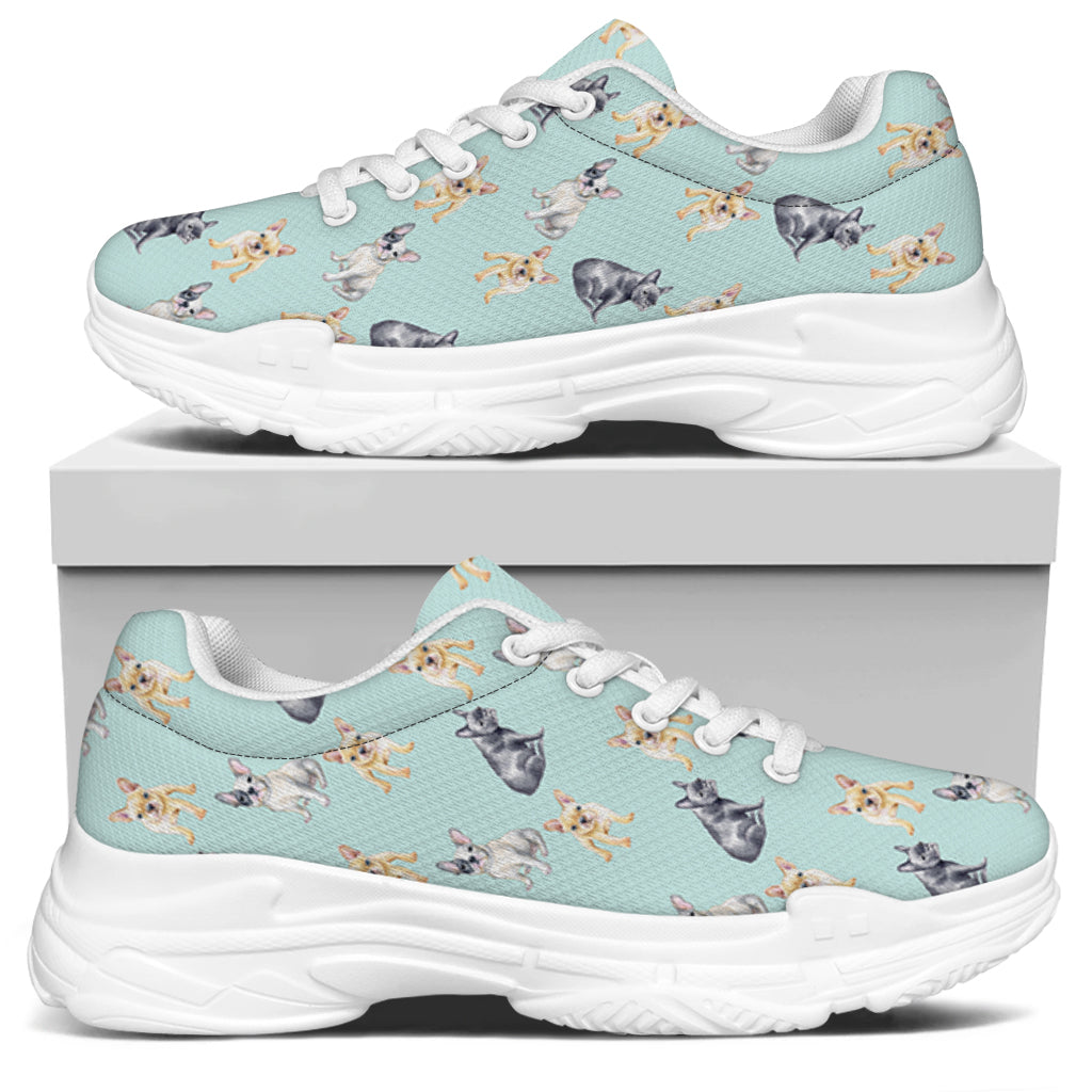 Watercolor French Bulldog Pattern Print White Chunky Shoes