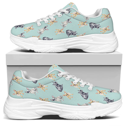 Watercolor French Bulldog Pattern Print White Chunky Shoes