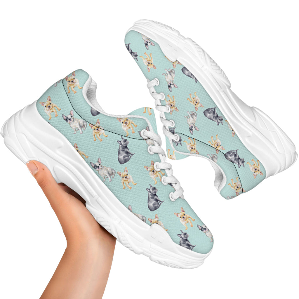Watercolor French Bulldog Pattern Print White Chunky Shoes