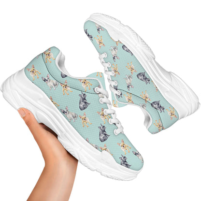 Watercolor French Bulldog Pattern Print White Chunky Shoes