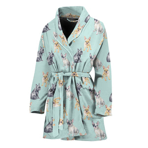 Watercolor French Bulldog Pattern Print Women's Bathrobe