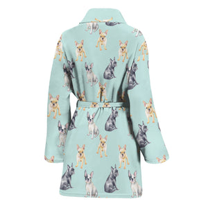 Watercolor French Bulldog Pattern Print Women's Bathrobe