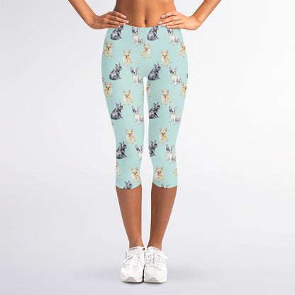 Watercolor French Bulldog Pattern Print Women's Capri Leggings