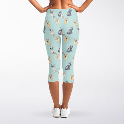 Watercolor French Bulldog Pattern Print Women's Capri Leggings