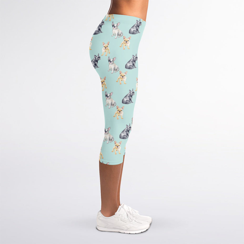 Watercolor French Bulldog Pattern Print Women's Capri Leggings