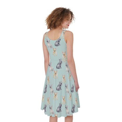 Watercolor French Bulldog Pattern Print Women's Sleeveless Dress
