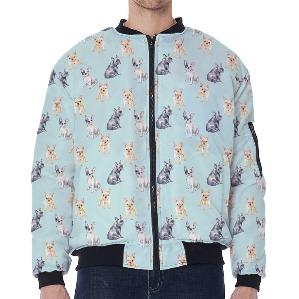 Watercolor French Bulldog Pattern Print Zip Sleeve Bomber Jacket