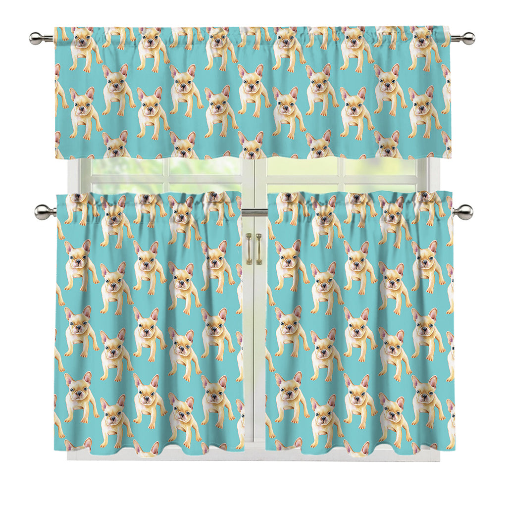 Watercolor French Bulldog Puppy Print 3 Piece Kitchen Curtains