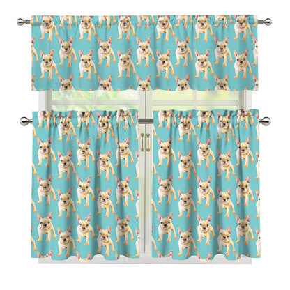 Watercolor French Bulldog Puppy Print 3 Piece Kitchen Curtains