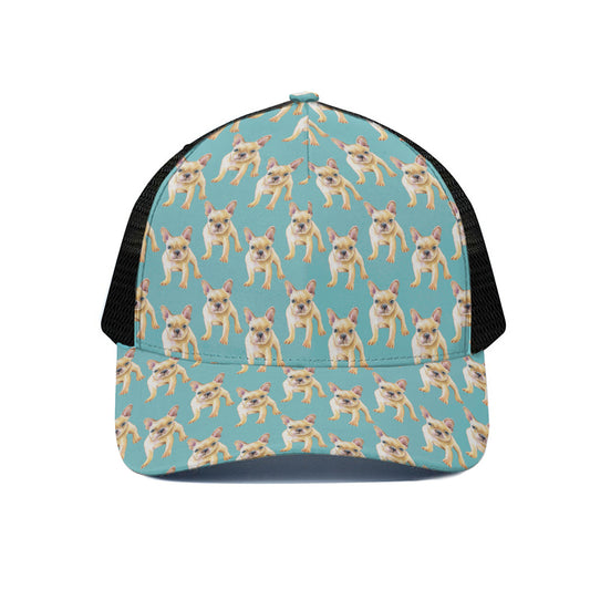 Watercolor French Bulldog Puppy Print Black Mesh Trucker Cap