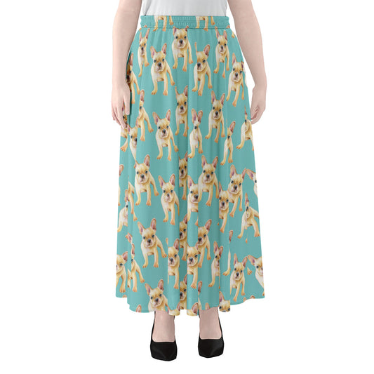 Watercolor French Bulldog Puppy Print Chiffon Maxi Skirt
