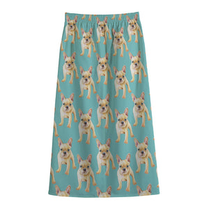 Watercolor French Bulldog Puppy Print Cotton Front Slit Maxi Skirt