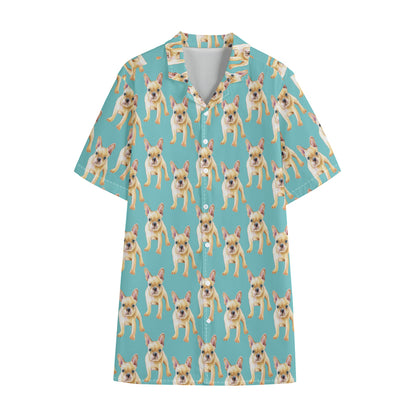 Watercolor French Bulldog Puppy Print Cotton Hawaiian Shirt