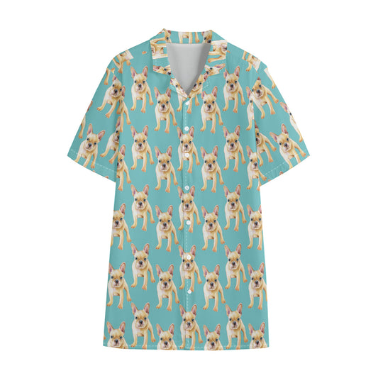 Watercolor French Bulldog Puppy Print Cotton Hawaiian Shirt