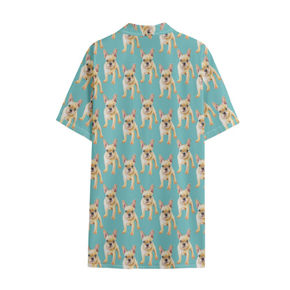 Watercolor French Bulldog Puppy Print Cotton Hawaiian Shirt