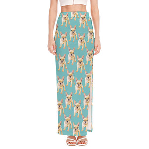 Watercolor French Bulldog Puppy Print High Slit Maxi Skirt