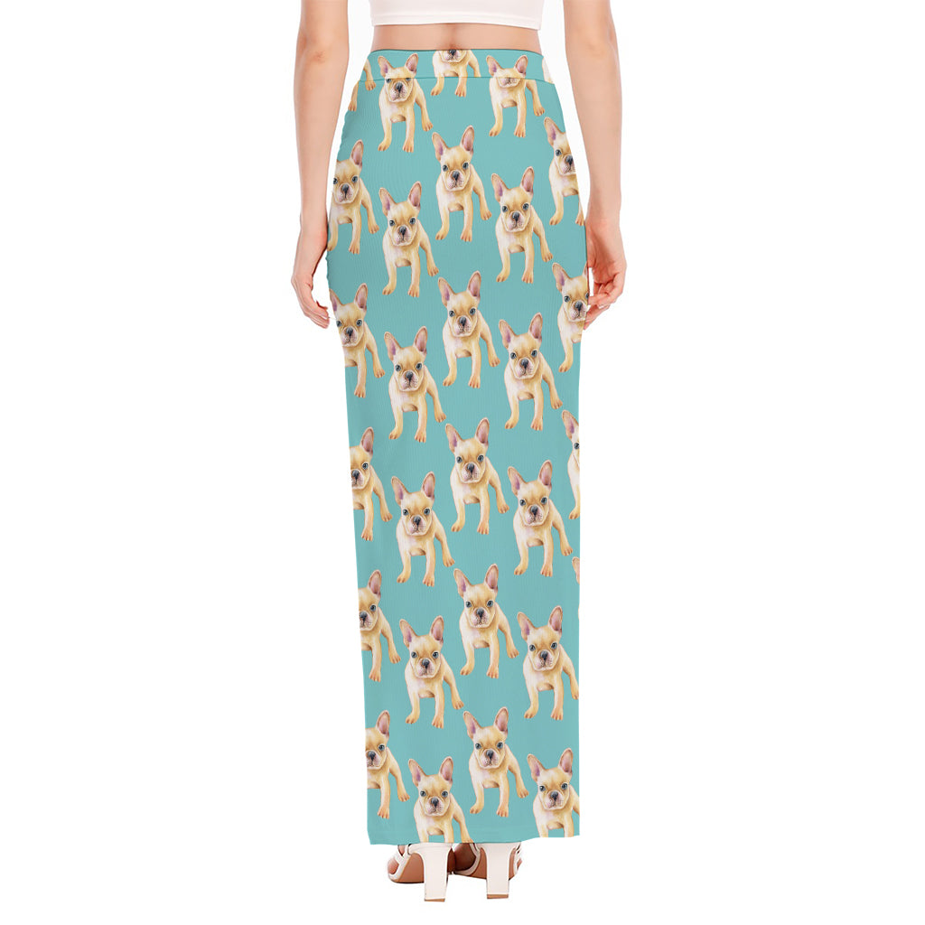 Watercolor French Bulldog Puppy Print High Slit Maxi Skirt