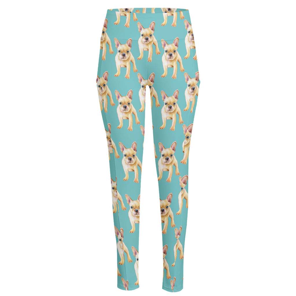 Watercolor French Bulldog Puppy Print High-Waisted Pocket Leggings