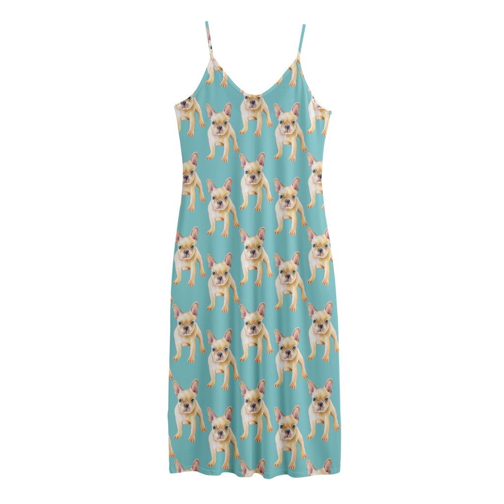 Watercolor French Bulldog Puppy Print Jersey Midi Cami Dress