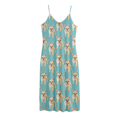 Watercolor French Bulldog Puppy Print Jersey Midi Cami Dress