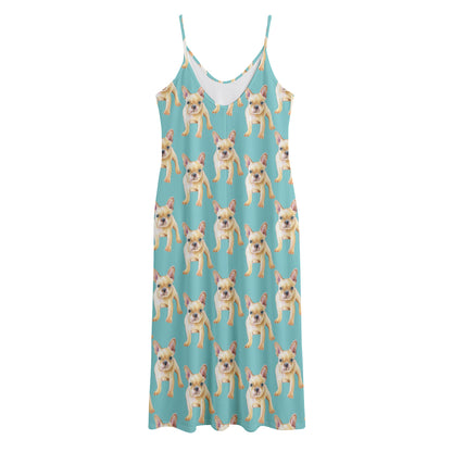 Watercolor French Bulldog Puppy Print Jersey Midi Cami Dress