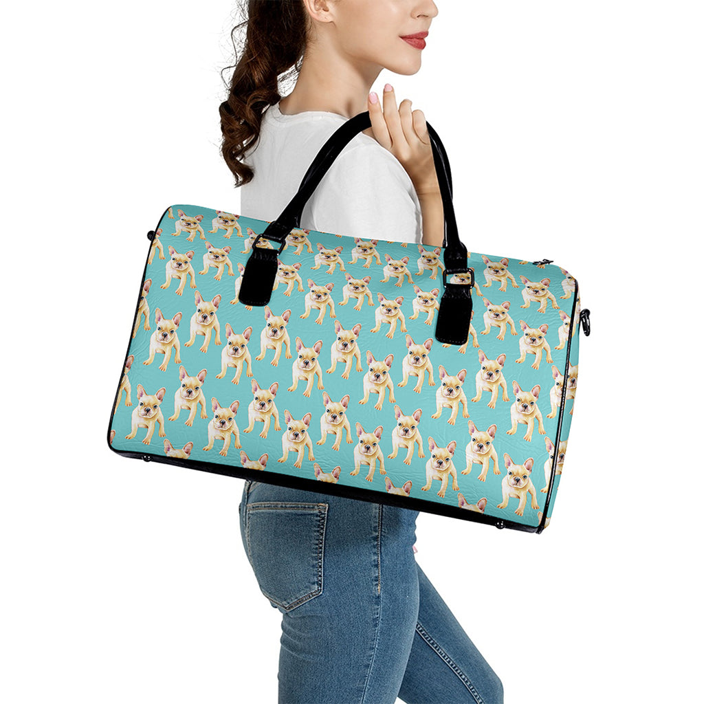 Watercolor French Bulldog Puppy Print Leather Duffle Bag