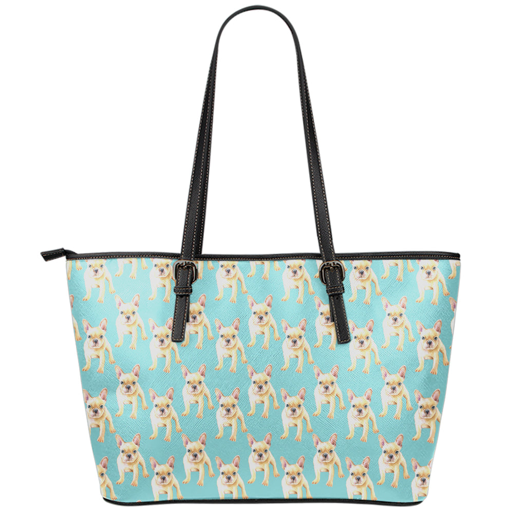 Watercolor French Bulldog Puppy Print Leather Tote Bag