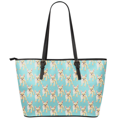 Watercolor French Bulldog Puppy Print Leather Tote Bag