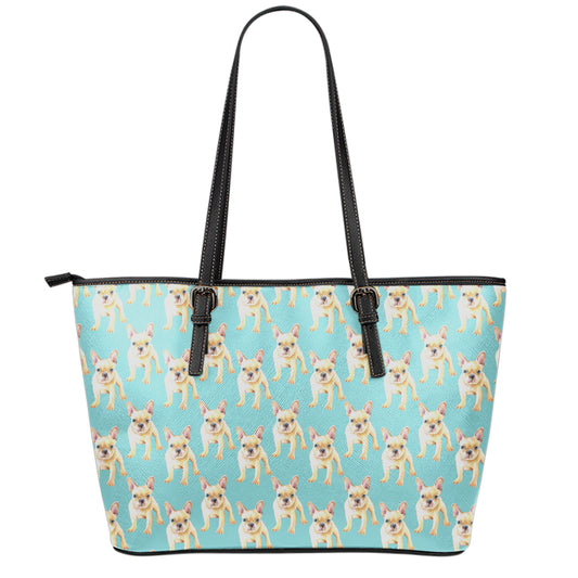 Watercolor French Bulldog Puppy Print Leather Tote Bag