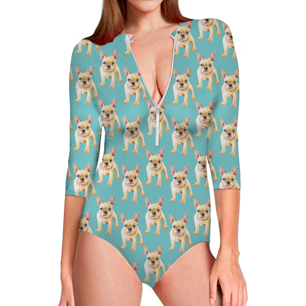 Watercolor French Bulldog Puppy Print Long Sleeve Swimsuit