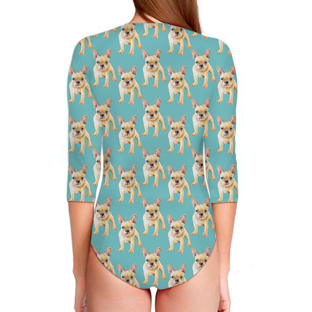 Watercolor French Bulldog Puppy Print Long Sleeve Swimsuit