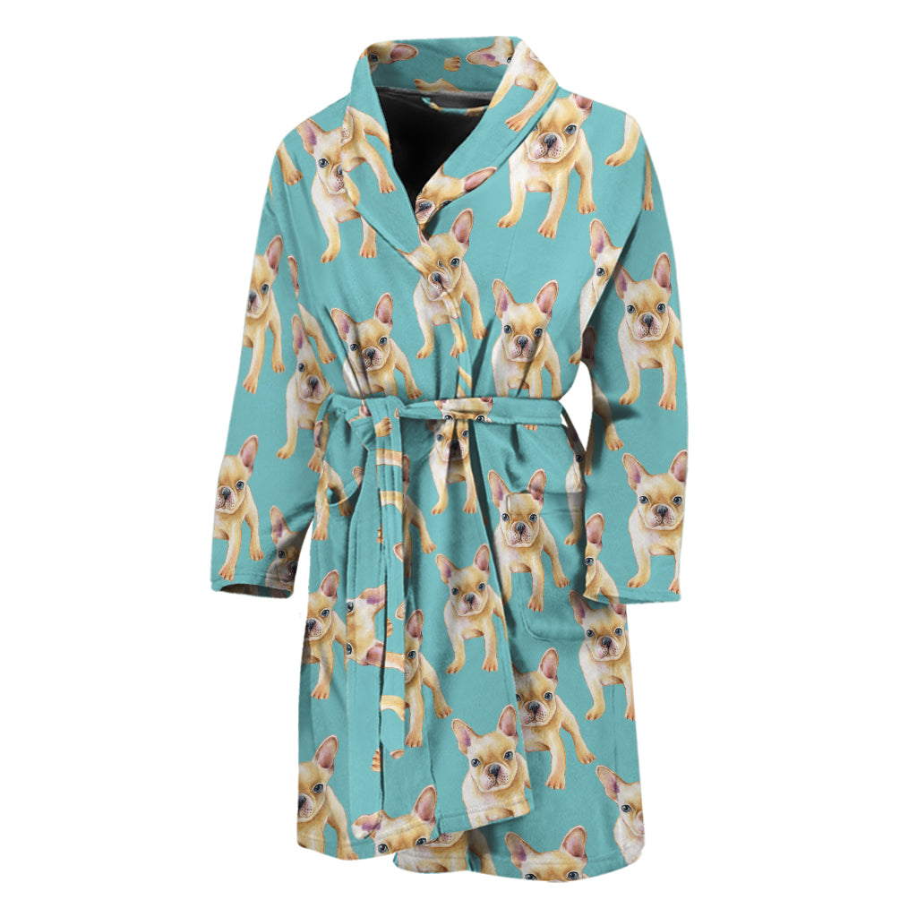 Watercolor French Bulldog Puppy Print Men's Bathrobe