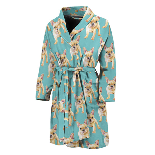 Watercolor French Bulldog Puppy Print Men's Bathrobe