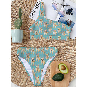 Watercolor French Bulldog Puppy Print One Shoulder Bikini Top