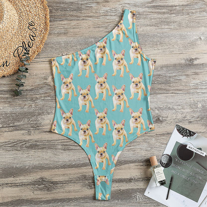 Watercolor French Bulldog Puppy Print One Shoulder Bodysuit