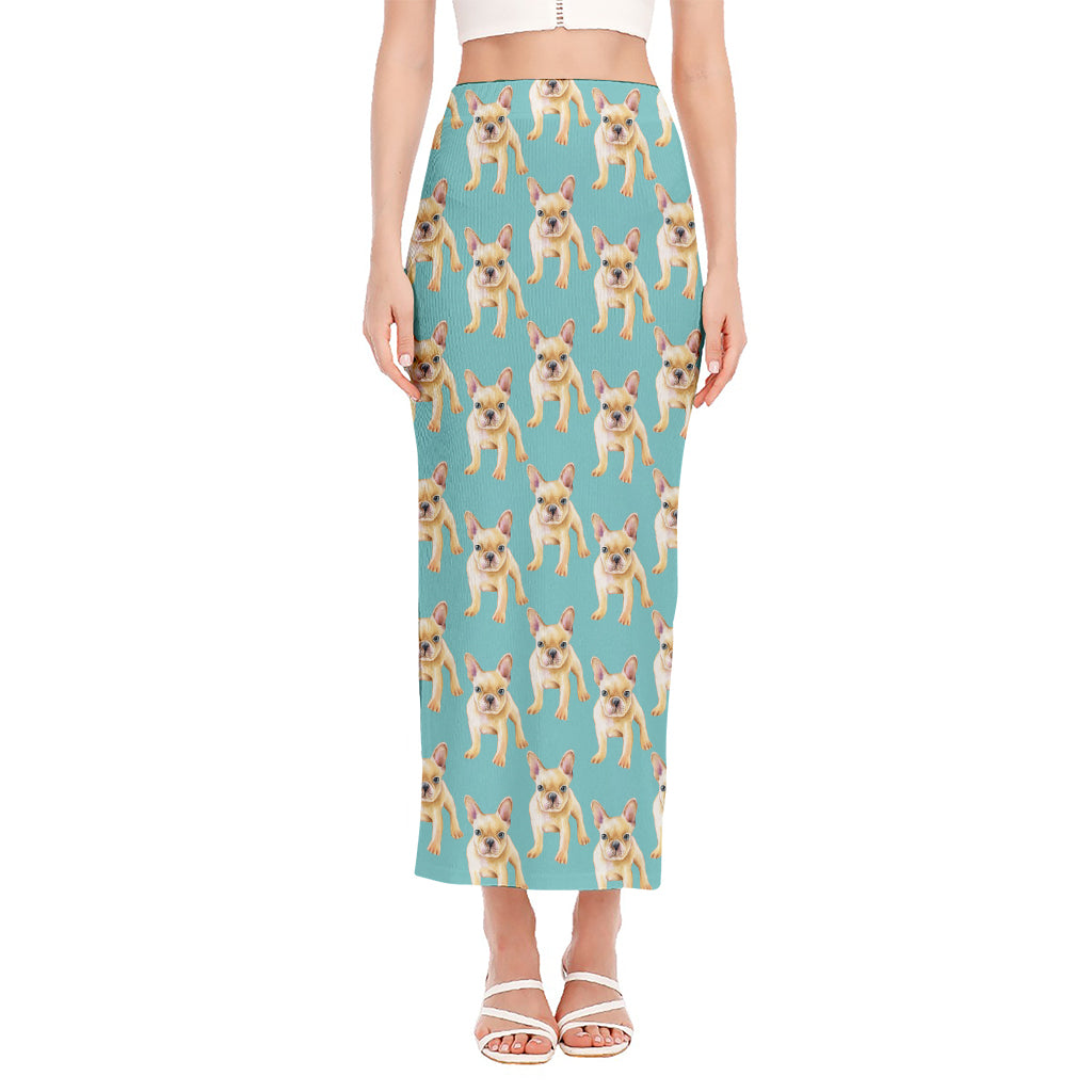 Watercolor French Bulldog Puppy Print Side Slit Maxi Skirt